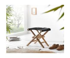 DELIFE Klapphocker Koza 46x40 cm Schwarz Ziegenfell Teak, Sitzhocker / Sitzwürfel