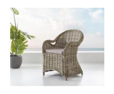 DELIFE Armlehnstuhl Laneya grau aus Rattan geflochten mit braunem Kissen, Gartenmöbel