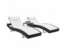 vidaXL Sonnenliegen 2 Stk. mit Tisch Poly Rattan und Textilene Schwarz