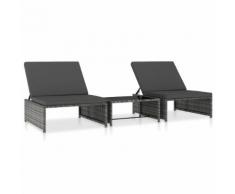 vidaXL Sonnenliegen 2 Stk. mit Tisch Poly Rattan Grau