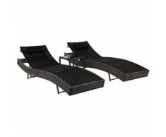 vidaXL Sonnenliegen 2 Stk. mit Tisch Poly Rattan und Textilene Braun