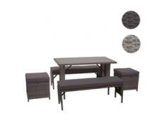 Poly-Rattan Garnitur HWC-G16, Balkonset Gartensitzgruppe, Gastronomie 2xBank Tisch 2xHocker ~ schwarz, Kissen hellgrau