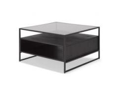 Kilby quadratischer Couchtisch mit Stauraum, schwarz gebeiztes Mangoholz und Rauchglas