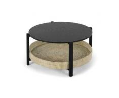 Pipel runder Couchtisch, Schwarz und Rattan