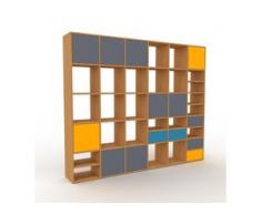 Holzregal Eiche - Modernes Regal aus Holz: Schubladen in Blau & Türen in Anthrazit - 233 x 195 x 35 cm, Personalisierbar