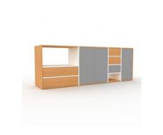 TV-Schrank Weiß - Fernsehschrank: Schubladen in Buche & Türen in Grau - 229 x 80 x 47 cm, konfigurierbar
