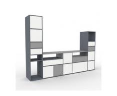 TV-Schrank Anthrazit - Fernsehschrank: Schubladen in Grau & Türen in Weiß - 267 x 195 x 47 cm, konfigurierbar