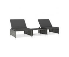 vidaXL Sonnenliegen 2 Stk. mit Tisch Poly Rattan Grau