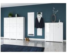Garderobe Set 079 Miranda 4 tlg Schuhschrank 9 Klappen 52 Paar Weiss-Weiss Hgl