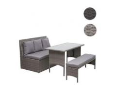 Poly-Rattan Garnitur HWC-G16, Garten-/Lounge-Set Sitzgruppe, Gastronomie 2er Sofa Tisch Bank ~ schwarz, Kissen hellgrau