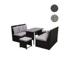 Poly-Rattan Garnitur HWC-G16, Garten-/Lounge-Set, Gastronomie 2x2er Sofa Tisch 2xHocker ~ schwarz, Kissen hellgrau