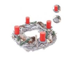 Adventskranz XXL rund, Weihnachtsdeko Tischkranz, Holz Ø 48cm weiß-grau ~ mit Kerzen, rot