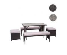 Poly-Rattan Garnitur HWC-G16, Balkonset Gartensitzgruppe, Gastronomie 2xBank Tisch 2xHocker ~ schwarz, Kissen hellgrau