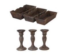 Shabby-Look Set, 3x Obstschale Dekoschale T283, 3x Kerzenständer T361, Vintage ~ braun