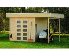 SKAN HOLZ Flachdachhaus / Blockbohlenhaus / Gartenhaus / Gartenlaube Venlo 2 250 x 250 cm mit 130 cm seitlicher Überdachung, 28 mm Blockbohlen