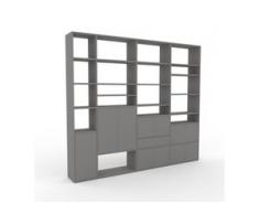 Bücherregal Grau - Modernes Regal für Bücher: Schubladen in Grau & Türen in Grau - 265 x 233 x 35 cm, konfigurierbar