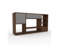 Holzregal Nussbaum - Modernes Regal aus Holz: Schubladen in Grau & Türen in Grau - 154 x 80 x 35 cm, Personalisierbar
