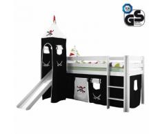 Spielbett Alex - Buche massiv - Weiß lackiert - Inklusive Rutsche, Turm & Textilset in schwarz/weiß mit Piraten