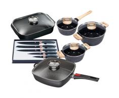 KING Topf-Set »Square«, Aluminiumguss, (Set, 9-tlg., 3 Töpfe, 3 Deckel, 1 Bräter m. Aromadeckel, 1 Eckpfanne m. Aromadeckel, 5-tlg. Messer-Set)