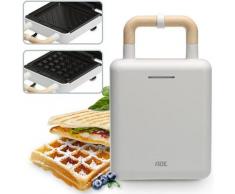 ADE 2-in-1-Kombi-Waffeleisen KG2006-1, 600 W, Sandwichtoaster mit Antihaftbeschichtung & Tragegriff mit Schließvorrichtung und Wechselplatten in weiß