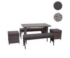 Poly-Rattan Garnitur HWC-G16, Balkonset Gartensitzgruppe, Gastronomie 2xBank Tisch 2xHocker ~ Variantenangebot