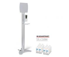 Desinfektionssäule mit Sensorspender und Abtropfschale, inkl. 12 Liter ECOLAB Desinfektionsmittel- Robuste Hygienestation mit Memoboard und Rollen-V3