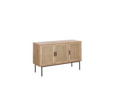 Sideboard Heller Holzfarton Schwarze Metallbeine und Handgriffe 76 x 120 x 40 cm Boho Stil Drei Rattan Türen Schlafzimmer Wohnzimmer