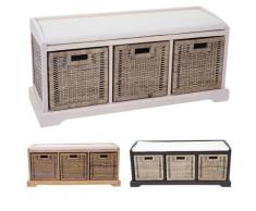 Sitzbank Bienne, Aufbewahrungsbox, 3 Körbe, Kubu-Rattan-Geflecht, 112x46x37cm ~ Variantenangebot