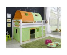 Relita Halbhohes Spielbett Hochbett Kinderbett ALEX mit Stoffset Vorhang, 2er Tunnel, Tasche (grün/orange)