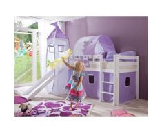 Relita Spielbett Hochbett Kinderbett ALEX mit Rutsche/Turm/Tunnel Buche massiv weiß lackiert mit Stoffset (purple/weiß)