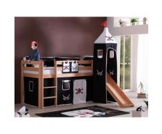 Relita Spielbett Hochbett Kinderbett ALEX mit Rutsche/Turm Buche massiv natur lackiert mit Stoffset (Pirat)