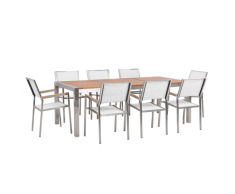 Gartenmöbel Set Eukalyptusholz Edelstahl Tisch 220 cm 8 Stühle Weiß Terrasse Outdoor Modern Garten Terrasse