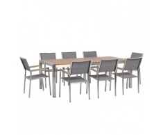 Gartenmöbel Set Eukalyptusholz Edelstahl Tisch 220 cm 8 Stühle Grau Terrasse Outdoor Modern Garten Terrasse