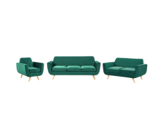 Sofa Set Grün Samtstoffbezug 3-Sitzer 2-Sitzer und Sessel Retro Stil mit Holzbeinen Wohnzimmer Salon Möbel Wohnecke Sitzecke Modernes Design