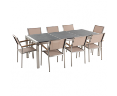 Gartenmöbel Set Grau Beige Granit Edelstahl Tisch 220 cm Poliert 8 Stühle Terrasse Outdoor Modern