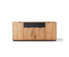 Massivholz »Lugano« Sideboard V mit Holzsockel Hobelschlag Front / obere Schublade in Weißglas