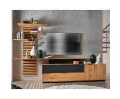 Massivholz »Lugano« Panel Wohnwand Hobelschlag Front / obere Schublade in Anthrazitglas