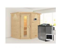 Sauna KARIBU "Mia (Fronteinstieg)", beige (naturbelassen), (ohne Ofen), Saunen, Ofen 9 kW Bio externe Strg easy