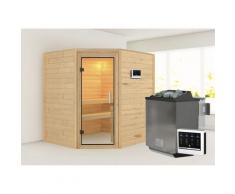 Sauna KARIBU "Mia (Fronteinstieg)", beige (naturbelassen), (ohne Ofen), Saunen, Ofen 9 kW Bio externe Strg easy