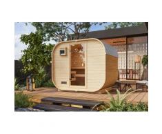 Fasssauna KARIBU "Quadro 1 Plus" naturbelassen", beige (naturbelassen), Saunaofen, integrierte Steuerung, 400 kW, Saunen, aus hochwertiger nordischer Fichte