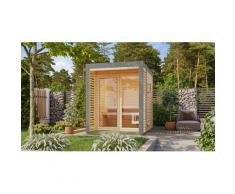 Saunahaus KARIBU "Adrian 1" naturbelassen-graualuminium", beige (naturbelassen), Bio-Kombiofen, externe Steuerung, 400 kW, Saunen, Nordischer Fichte,Stahlecken- und Dachabschluss, Ofen 9kW externe Strg