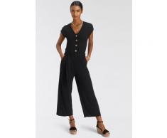 Culotte-Overall TAMARIS, Damen, Gr. 40, schwarz, Jersey, Obermaterial: 95% Viskose, 5% Elasthan, figurumspielend ca. Mitte Wade, V-Ausschnitt, Overalls, mit Knopfleiste