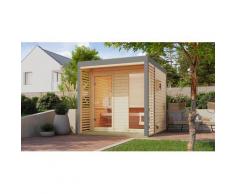 Saunahaus KARIBU "Adrian 2" naturbelassen-graualuminium", beige (naturbelassen), ohne Ofen, ohne Steuerung, (ohne Ofen), Saunen, Wände aus nordischer Fichte, Stahlecken und Stahl-Dachabschluss