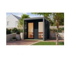 Saunahaus KARIBU "Adrian 2" anthrazit-graualuminium", grau (anthrazit), Saunaofen, externe Steuerung, 400 kW, Saunen, Wände aus nordischer Fichte, Stahlecken und Stahl-Dachabschluss