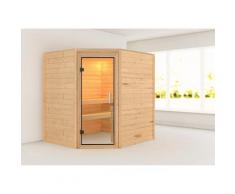 Sauna KARIBU "Mia (Fronteinstieg)", beige (naturbelassen), (ohne Ofen), Saunen, inklusive Ofenschutzgitter und Tür