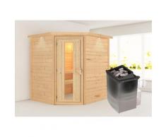 Sauna KARIBU "Mia (Fronteinstieg)", beige (naturbelassen), (ohne Ofen), Saunen, Ofen 9 kW integr. Strg