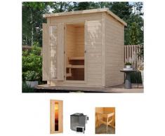 Saunahaus KARIBU "Talo 2", beige (naturbelassen), Bio-Kombiofen, externe Steuerung, 9 kW, Saunen, Ofen 9 kW Bio externe Strg easy