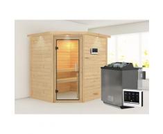 Sauna KARIBU "Mia (Fronteinstieg)", beige (naturbelassen), (ohne Ofen), Saunen, Ofen 9 kW Bio externe Strg easy