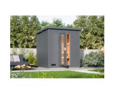 Saunahaus KARIBU "Talo 2", grau (terragrau), Saunaofen, integrierte Steuerung, (ohne Ofen), Saunen, Ofen 9 kW integr. Strg