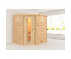 Sauna KARIBU "Mia (Fronteinstieg)", beige (naturbelassen), (ohne Ofen), Saunen, inklusive Ofenschutzgitter und Tür